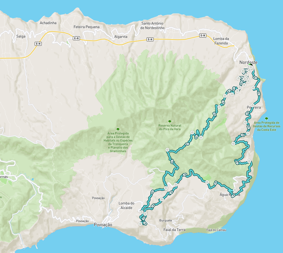 Map showing walking route near Nordeste, Azores, highlighting natural reserves and coastlines.