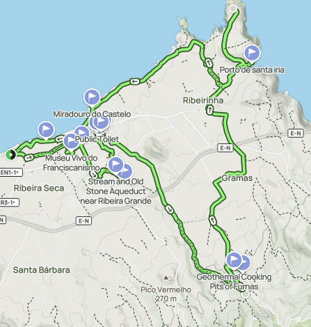 Map showing a route with green lines and markers, including Ribeirinha and Porto de Santa Iria.