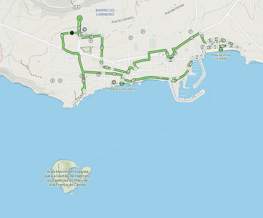 Map showing a route in green lines along the coastline and urban streets.