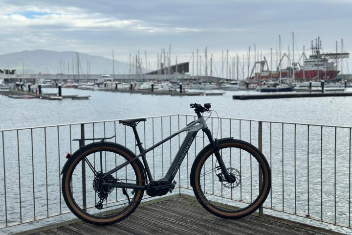 Bicycle on wooden pier overlooking marina with boats and cloudy sky.