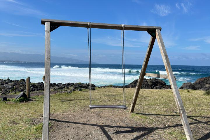 Wooden swing set on grassy area by the ocean under a clear blue sky.