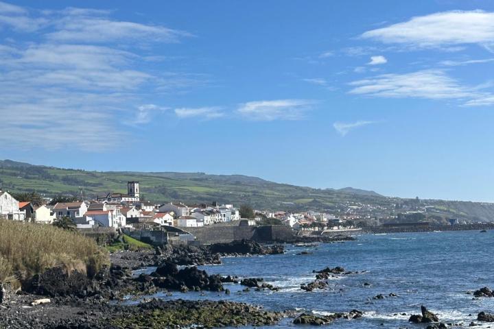 Coastal town by the ocean with rocky shoreline and blue sky.