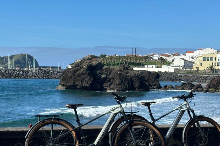 Two bicycles parked by the sea with rocky coastline and buildings in the background.