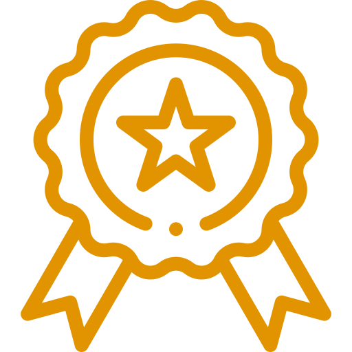Orange award ribbon icon with a star in the center.